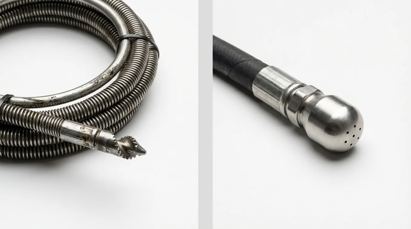 Drain snake cable and hydro jetting nozzle used for drain cleaning in Helotes, TX